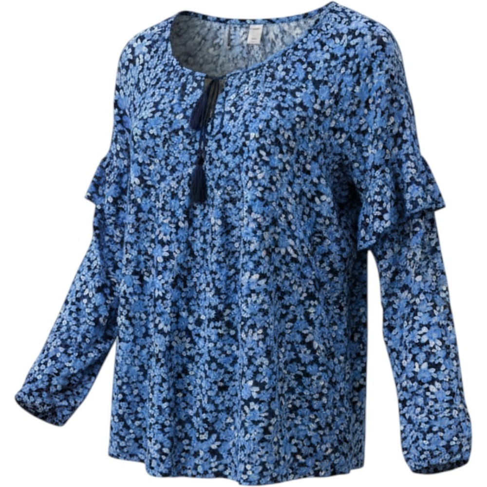 Old Navy Womens Blue Floral Ruffle Tassel Tie Split Neck Rayon Blouse Small